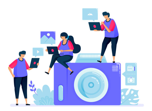 矢量插图的数码相机或袖珍相机。简单的卡通相机。互相分享和发送照片。可以用于登陆页，网站，网页，手机应用程序，海报，传单图片下载