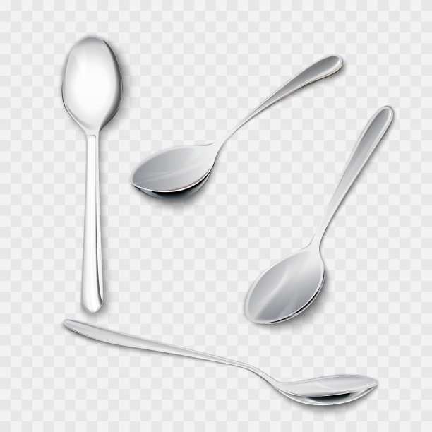 一套逼真的金属勺子从不同的观点。3 d的现实主义。矢量茶匙插图孤立在白色背景。图片下载