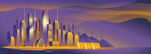 黎明时分的未来摩天大楼之城。这座城市以群山为背景，有风力发电机和太阳能电池板。图片下载