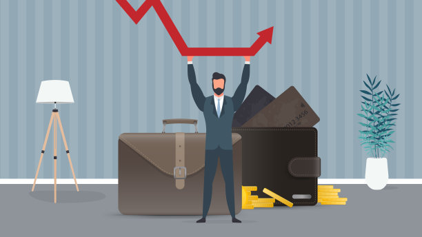 商人持有一个下降的图表。钱包，金币，银行卡。一个穿商务夹克的人。图片演示和海报上的商业主题。图片下载
