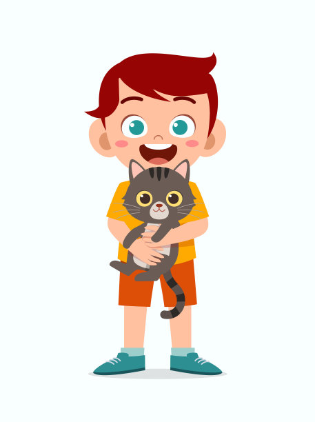 快乐可爱的小孩男孩玩宠物猫素材图片