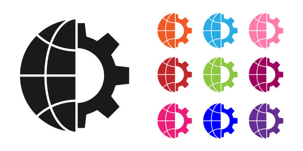 黑色的地球和齿轮或齿轮图标孤立在白色背景上。设置参数。全球的选择。设置图标丰富多彩。矢量图图片下载