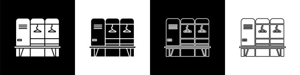 设置更衣室或更衣室为曲棍球，足球，篮球队或工人图标隔离在黑白背景上。矢量图图片下载