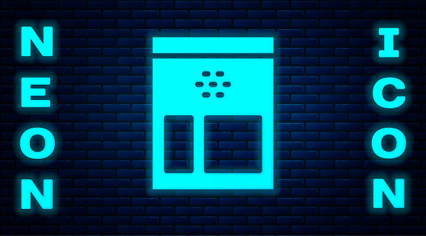 发光的霓虹灯袋咖啡豆图标孤立在砖墙的背景。矢量图图片下载