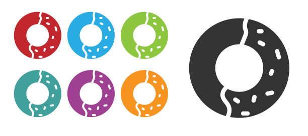 黑色甜甜圈与甜釉图标孤立在白色背景。设置图标丰富多彩。矢量图图片下载