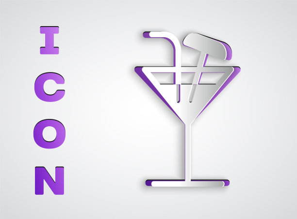 剪纸鸡尾酒图标孤立的灰色背景。纸艺术风格。矢量图图片下载