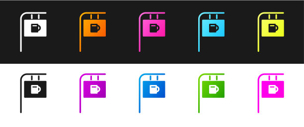 设置街道招牌与铭文酒吧图标隔离在黑白背景上。适用于酒吧、咖啡厅、餐厅的广告。矢量图图片下载