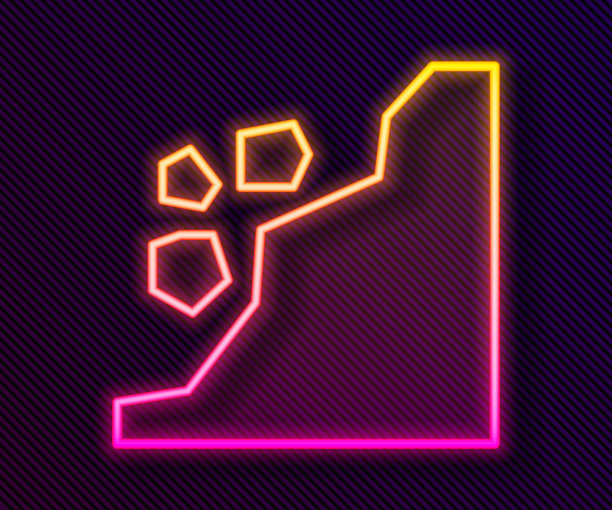 霓虹灯线滑坡图标孤立的黑色背景。石头从岩石上掉下来。巨石从山上滚下来。落石。矢量图图片下载