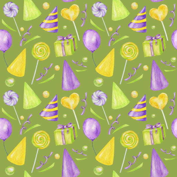 节日无缝图案彩色糖果，纸杯蛋糕，气球，礼物，五彩纸屑，星星，嘉年华帽。生日快乐或聚会贺卡，剪贴簿，织物，纹理，礼物纸的概念图片下载