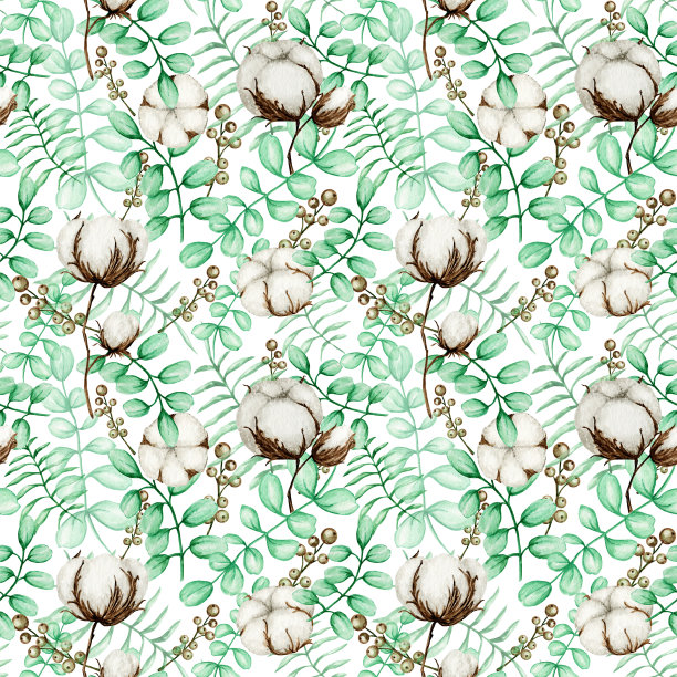 水彩棉花枝无缝图案。植物手绘生态产品插图。棉花花的芽球在复古风格。绿色桉树叶自然织物纹理设计图片下载