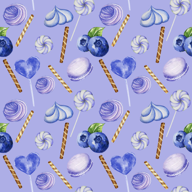 鲜亮甜美美味的水彩与蛋白霜，华夫饼，糖果，杏仁饼干，蓝莓无缝图案。蓝色紫色米色织物纹理手绘插图在紫色的背景图片下载