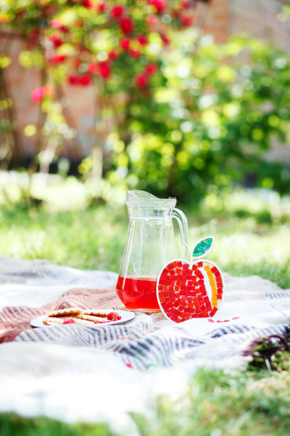 红色花格图案上的苹果。图片下载