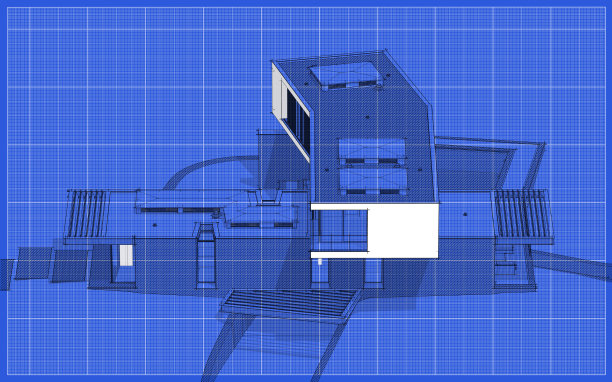 3d渲染的现代房子在山上与水池黑色线在蓝图的背景图片下载