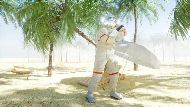 有趣的宇航员在阳光明媚的海边跳舞。旅游和休息的概念。3 d渲染。图片下载