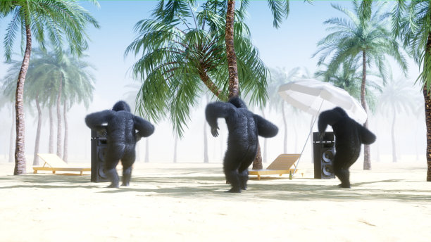 有趣的大猩猩和猴子在阳光明媚的海边跳舞。旅游和休息的概念。3 d渲染。图片下载
