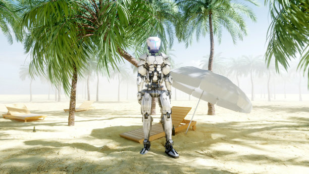有趣的机器人在阳光明媚的海边跳舞。旅游和休息的概念。3 d渲染。图片下载