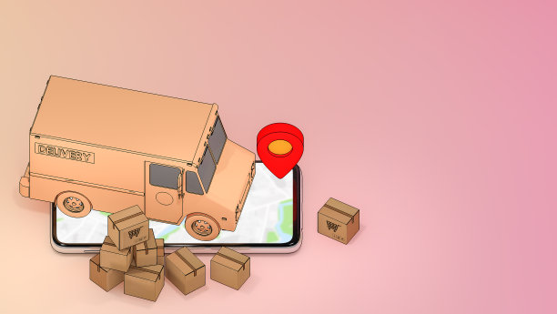 手机和带有许多纸盒和红色大头针的货车。图片下载