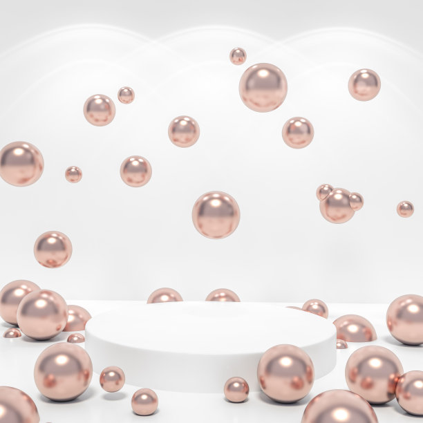 白色领奖台舞台背景和玫瑰金色球与聚光灯在白色背景的产品展示架或用于其他设计的3d渲染。3d插图模板最小风格的概念。图片下载