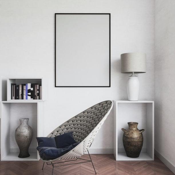 客厅墙上的模型。北欧室内。3d渲染，3d插图图片下载