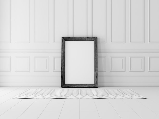 垂直黑色木制框架海报模型在白色地板与地毯图片下载