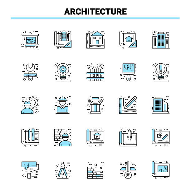 25个建筑黑色和蓝色图标设置创意图片下载