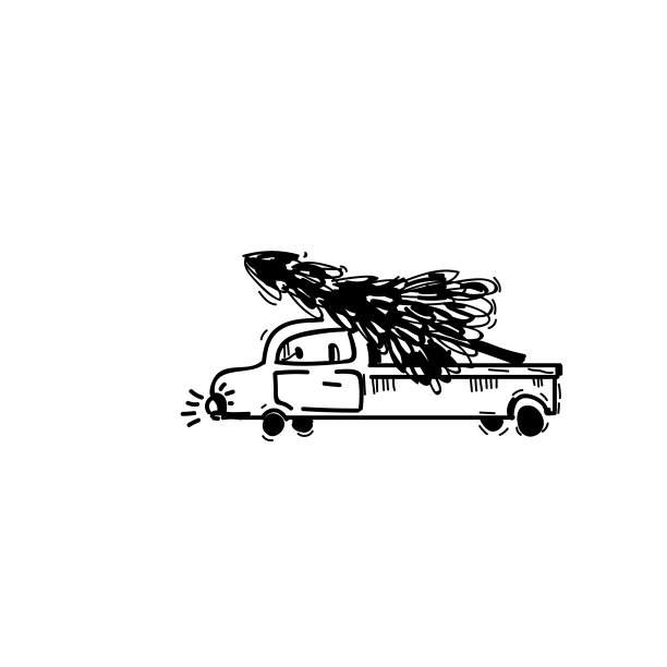 圣诞树在车里。抽象的涂鸦画出了森林。黑白矢量极简线性。矢量艺术插图。图片下载