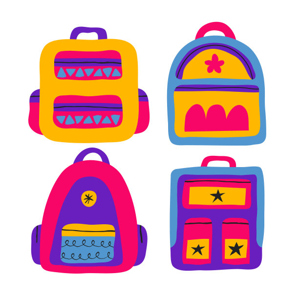 系列流行的彩色背包孤立在白色背景。图片下载