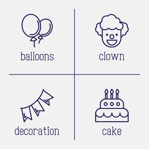 组织生日派对和活动的细线图标:小丑，气球，装饰，蛋糕。矢量插图。图片下载