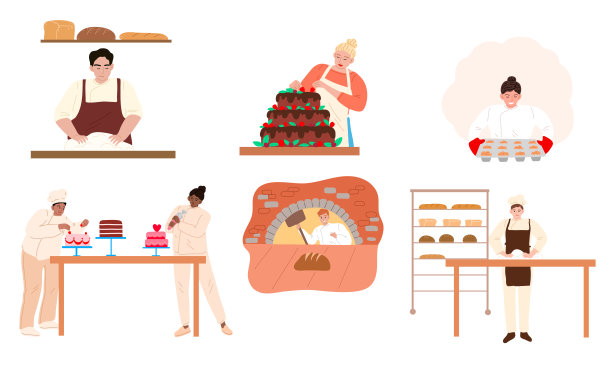 穿着制服的专业面包师正在制作新鲜的面包，用水果装饰节日蛋糕图片下载