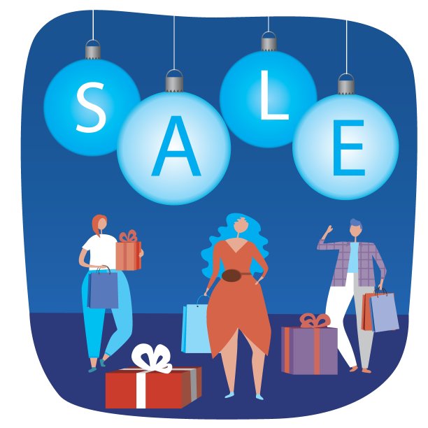 圣诞球与文字销售和人与购买作为圣诞折扣的概念，平面矢量股票插图与购物者与圣诞购买包裹图片下载