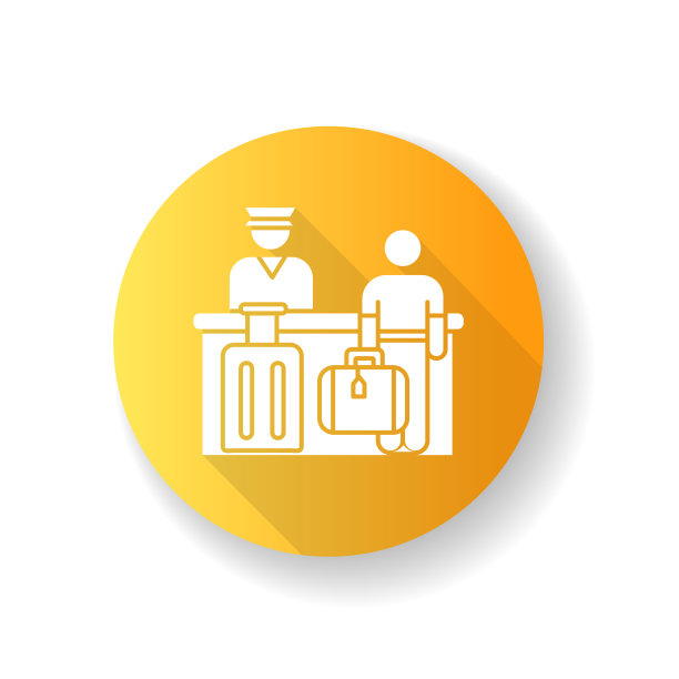 机场检在黄色平面设计长阴影字形图标。乘客在登记处等候。旅游支票。飞机终点站柜台的接待员。剪影RGB彩色插图图片下载