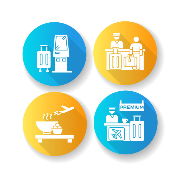 机场航站楼平面设计长长的阴影字形图标集。自助登记服务台。寄宿登记处。飞机时髦的餐厅。溢价大厅入口。剪影RGB彩色插图图片下载