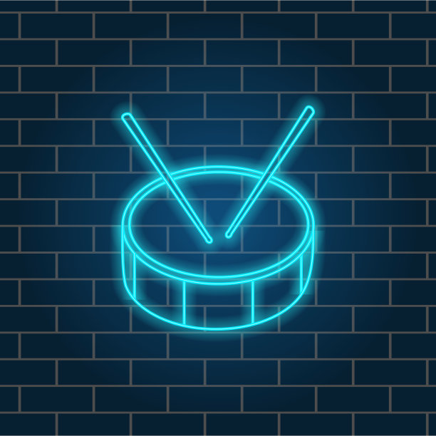 发光的霓虹灯鼓，乐器。蓝色的颜色。晚上招牌。矢量插图。图片下载