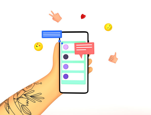 手有纹身拿着智能手机发短信，聊天，发微笑，点赞。在线交流的概念。色彩缤纷的时尚3d渲染插图。图片下载