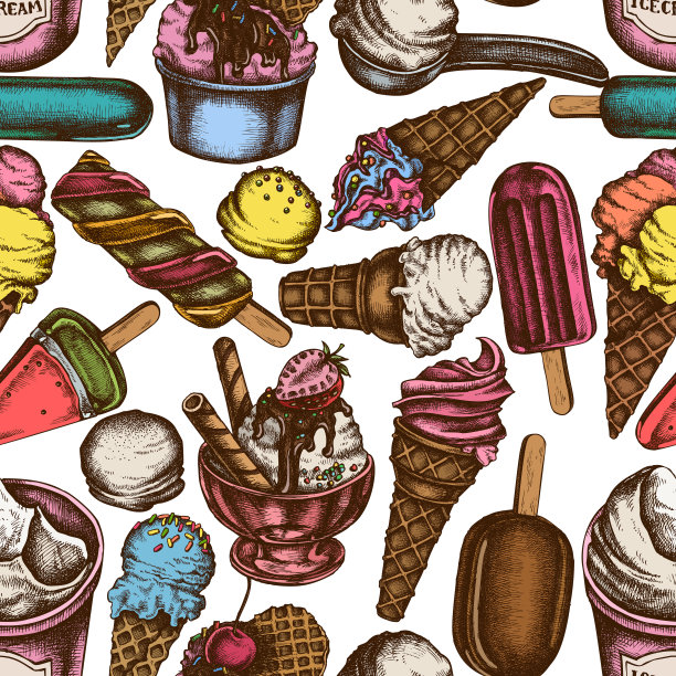 无缝图案手绘冰淇淋碗，冰淇淋桶，冰棒冰淇淋，冰淇淋蛋卷，冰淇淋勺，冰淇淋球图片下载
