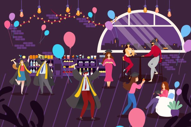 学生们庆祝大学毕业，矢量插图。女生性格带学历参加大学派对图片下载
