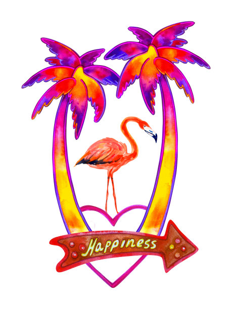 棕榈和火烈鸟。热带天堂。水彩插图孤立在白色。t恤打印图片下载