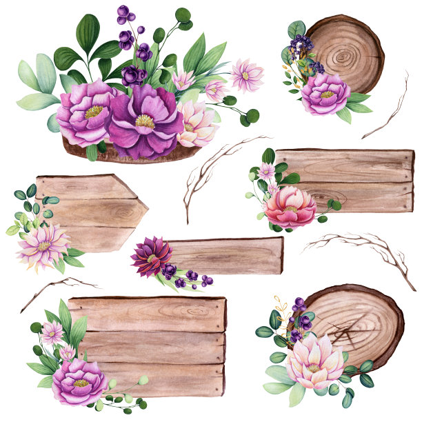 一套水彩木板和花束图片下载