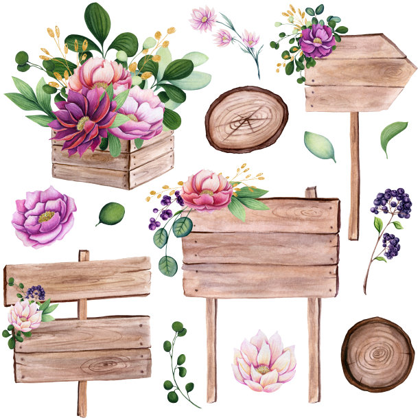 一套水彩组成与木材，木板和花束图片下载