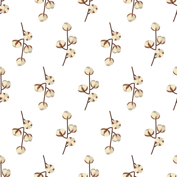 树枝与棉球无缝模式在复古风格的白色背景。图片下载