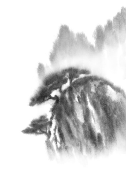 瀑布。背景与山脉。墨山风景。山在雾中。传统东方水墨画。山的风格，水的风格。黑色和白色。中式，日式传统风格。图片下载