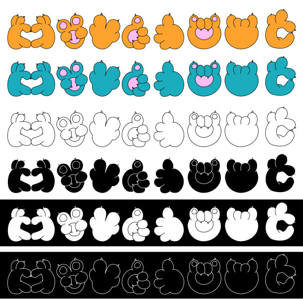 猫的爪子。手指人物插图。和平。好的。的心。坚硬的岩石。不同颜色的手指情感，黑色和白色。有趣的情绪。图片下载