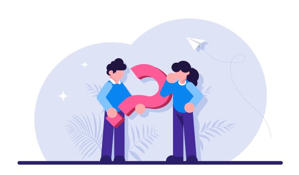 有一个问题概念。一个大问号旁边有一个男人和一个女人。讨论的问题。现代平面插图。图片下载