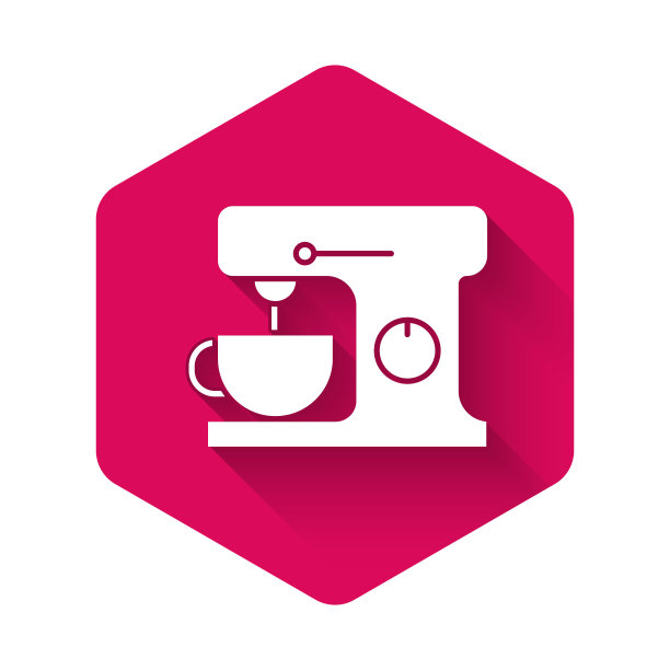 白色电动混频器图标孤立与长阴影。厨房的搅拌器。粉红色的六角按钮。矢量图图片下载