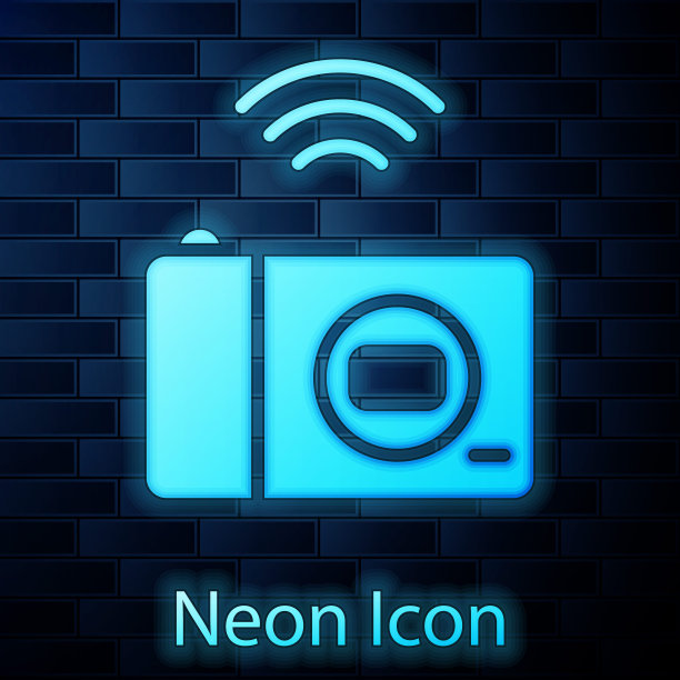 发光霓虹灯智能摄影系统图标孤立在砖墙背景。物联网概念与无线连接。向量图片下载