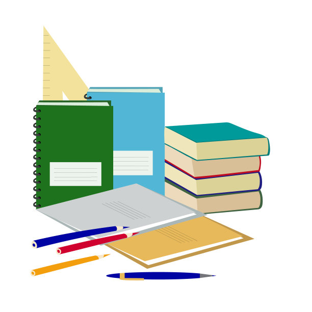 学习用品。笔记本、书和彩色铅笔。回到学校。教育的概念。矢量图图片下载
