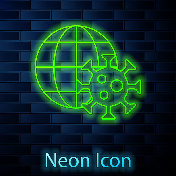 发光的霓虹灯线地球与病毒图标隔离在砖墙的背景。2019 - ncov冠状病毒。细菌和细菌，细胞癌，微生物，真菌。向量图片下载
