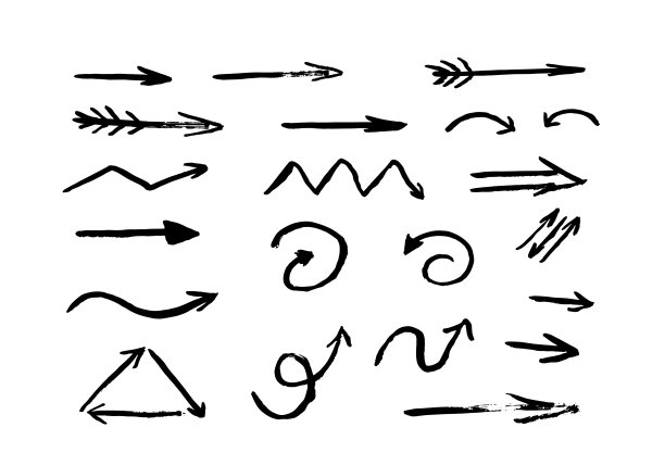 手动绘制的箭头在白色背景上设置隔离。垃圾画笔描箭头。易于编辑矢量元素的设计图片下载