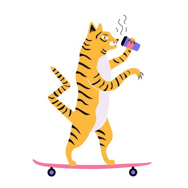 酷酷的平底风格滑板虎骑滑板长板与咖啡去杯。图片下载