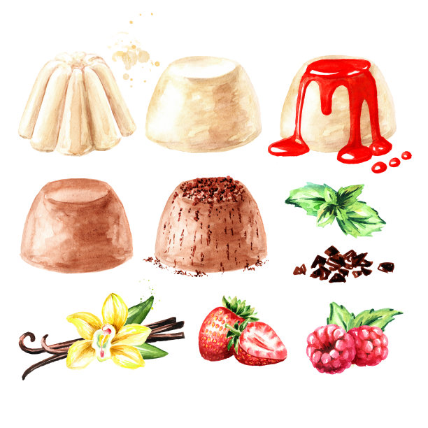 甜意式奶冻配新鲜浆果。手绘水彩插图，孤立的白色背景图片下载